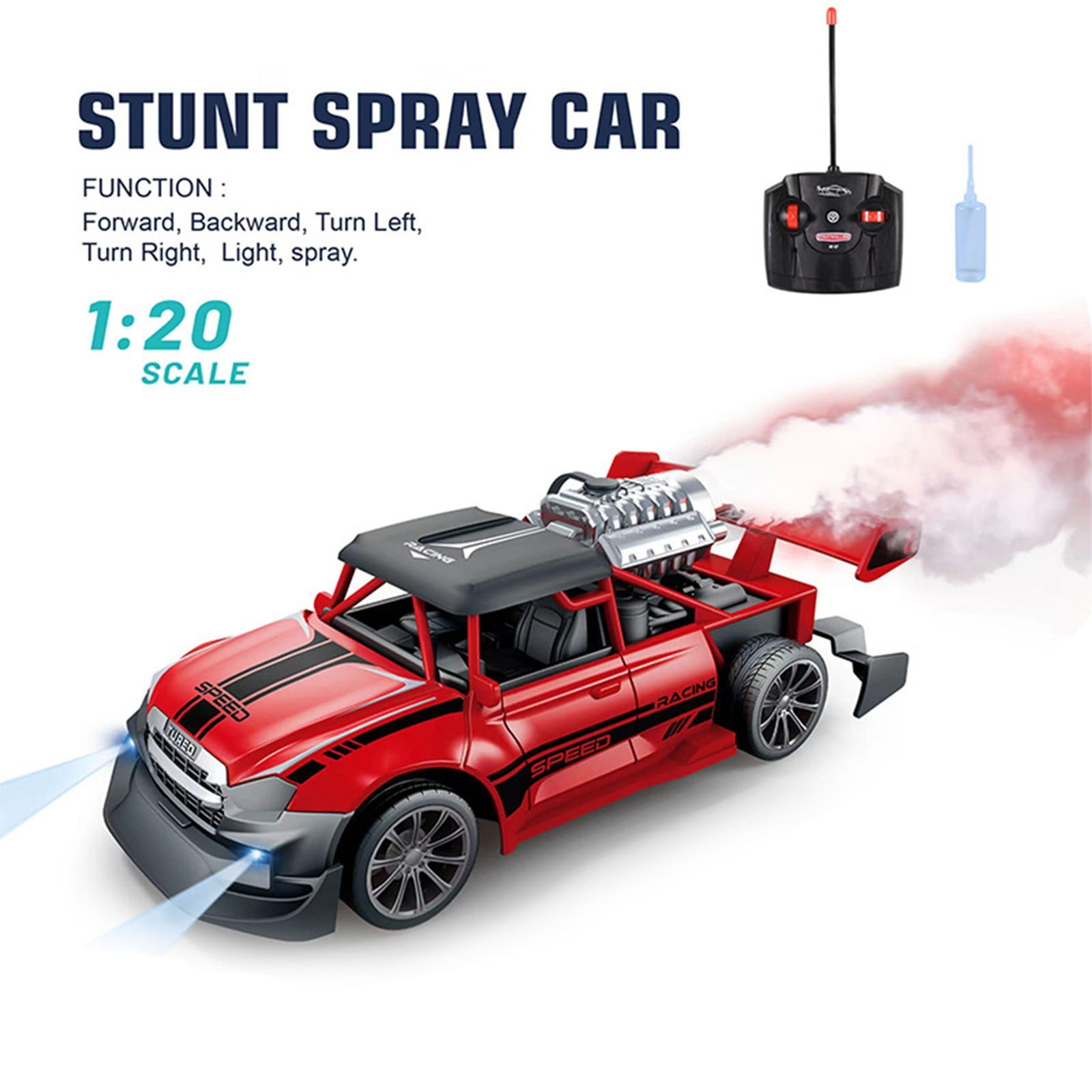 SPOORYYO High-speed Remote Control Car with Water Spray and Drift Features, 2.4Ghz Control, Powerful Motor, Stunt Tires, 360° Rotation, Cool Lights