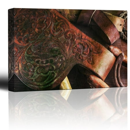 Vintage Saddle - wall26 - Close up of a Vintage Styled Leather Saddle - Canvas Art Home Decor - 12x18 inches