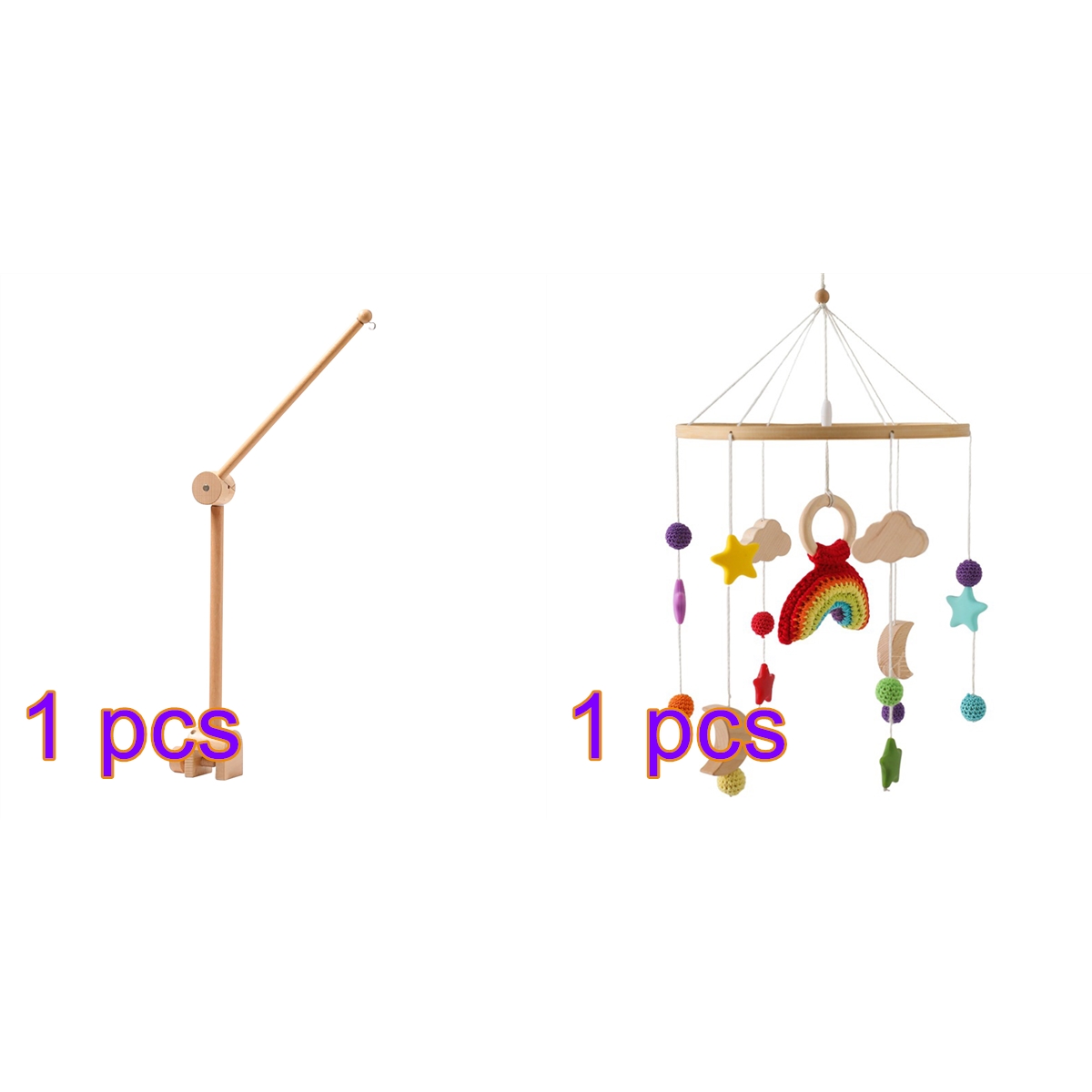 Baby Crib Bell Mobile – Rotating Wooden Wind Chime with Crochet Rainbow & Rocket Pendants – Soothing Hanging Toy for Newborns, Infant Sleep & Nursery Decor