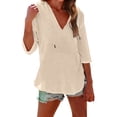 thumbnail image 4 of Women's Cotton Linen Hooded Cover Up, 3/4 Sleeve V-Neck Pocket Shirt, Lightweight Beach Kimono for Bikini Cover, Summer Vacation, and Resort Wear-Beige, 4 of 10
