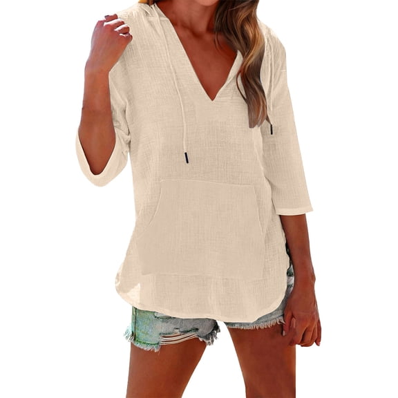 Long Sleeve Shirts for Women Cover Up Hooded Linen Shirts 3/4 Sleeve Deep V Neck Solid Color Pocketed Vacation Bikini Coverup Tops Casual Summer Loose Fit Fashion Clothing