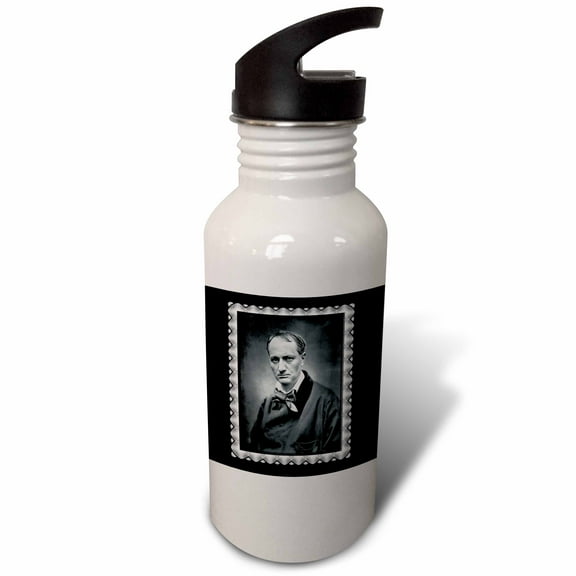 3dRose, Charles Baudelaire from1878 by Etienne Carjat Black and white Portrait of a Man, 21 oz Sports Water Bottle