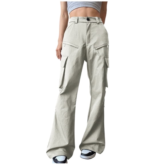Edvintorg Flare Pants for Women Fashion Solid Color Casual Long Wide Leg Pants Streetwear High Waisted Trousers with Zipper Pocket Beige M
