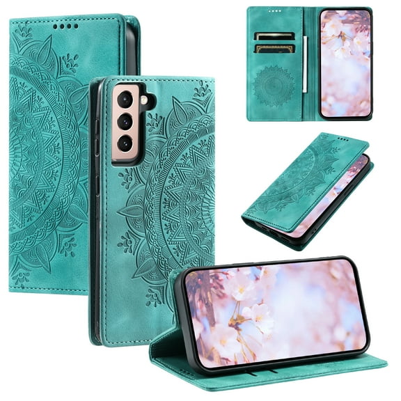 Case for Samsung Galaxy S21 FE Wallet Case for Women Girls with Card Holder, Embossed Flower Pattern Magnetic Flip PU Leather Purse Protective Phone Cover for Samsung Galaxy S21 FE, Green