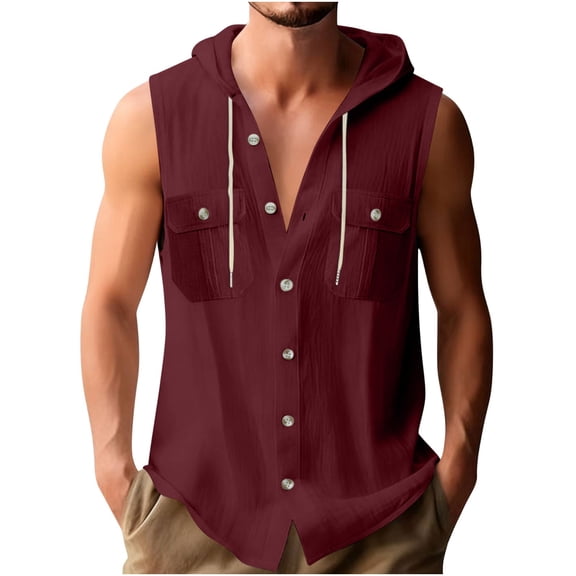 Kilaqueen Cotton Linen Hoodies for Men Drawstring Hooded Button Down Sleeveless Cardigan Solid Color Lightweight Soft Summer Vacation Beach Tops