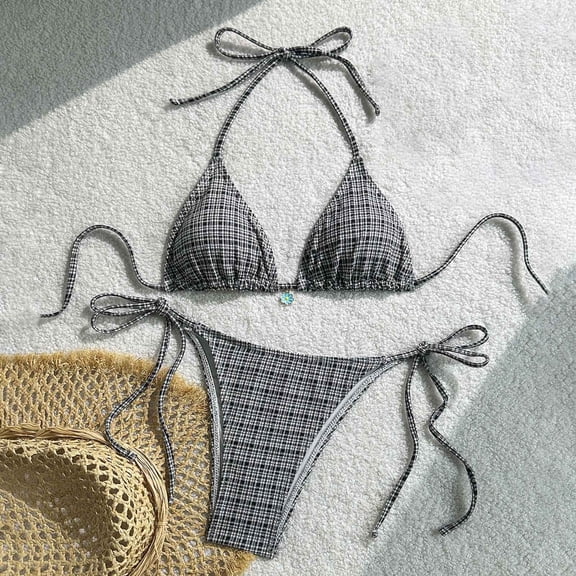 LEKWK Bikini Sets for Women Textured Halter String Plaid Print Swimsuits Thong Cheeky Tie Side Bathing Suits Summer Fashion Resort Pool Party Beachwear