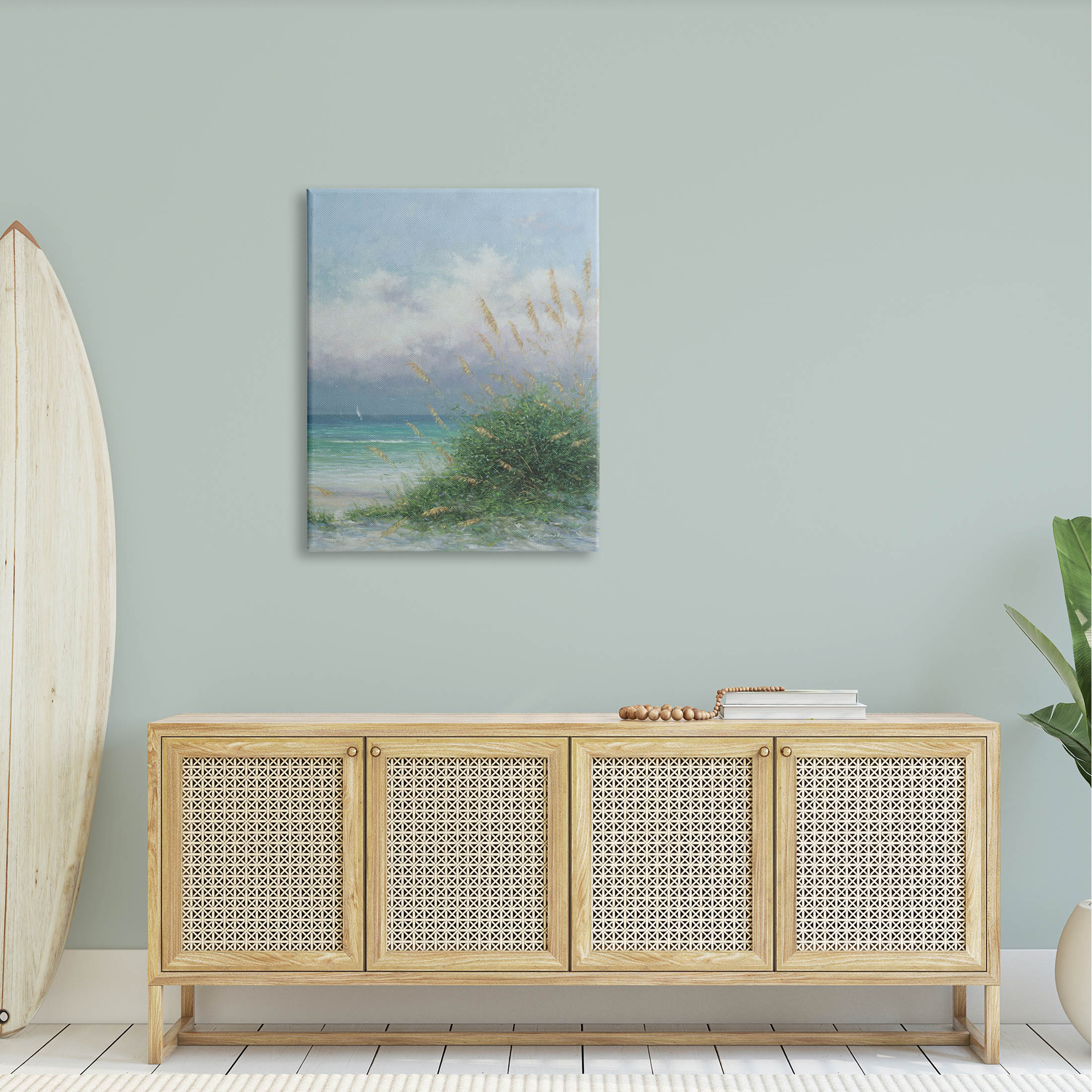 Ocean Waves Beach Reeds Coastal Painting Gallery Wrapped Canvas Print Wall Art