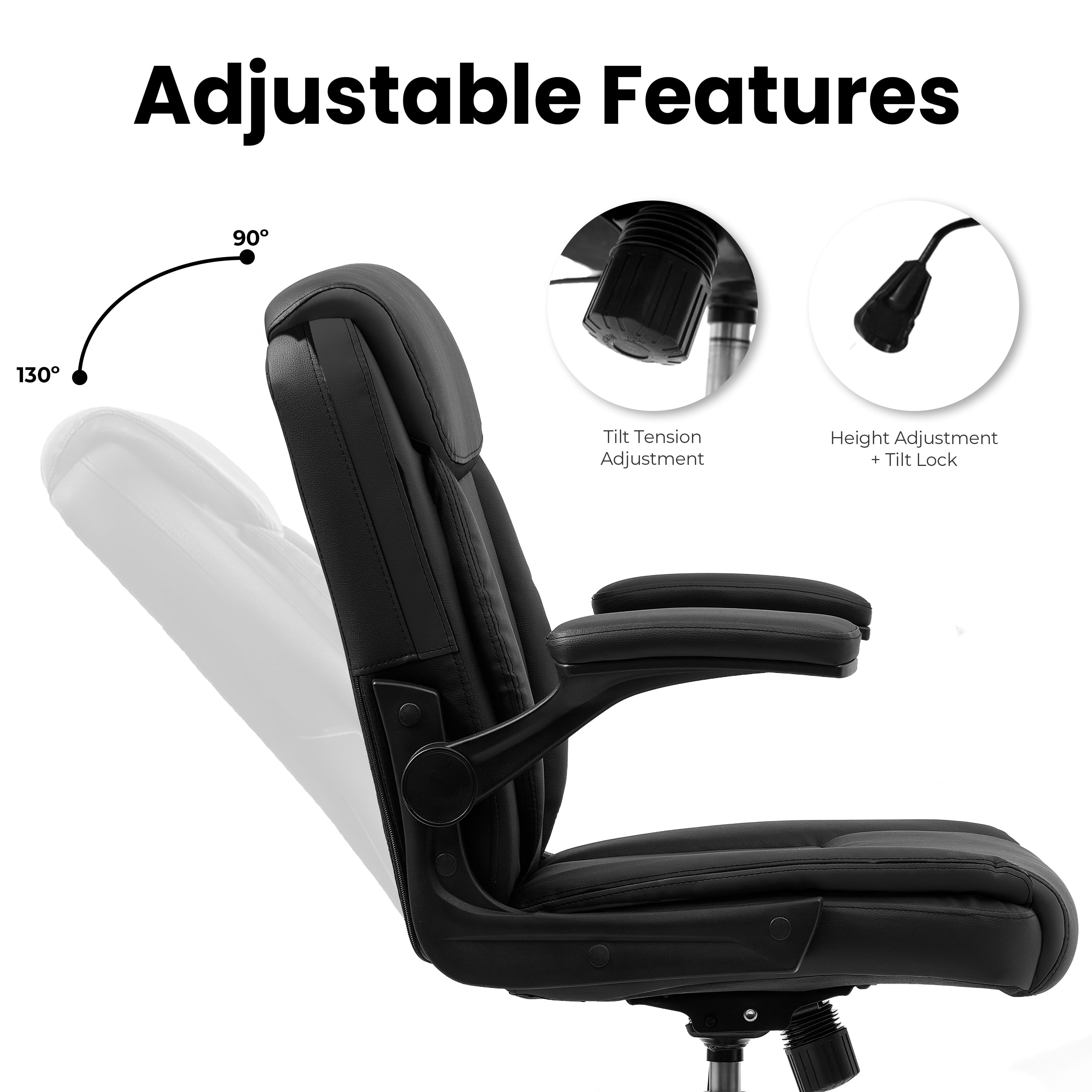 NEO CHAIR Desk Office Gaming Computer Chair Ergonomic Executive Mid-Back Leather with Adjustable Padded Flip-Up Armrests Cushion Wheels Swivel for Home Study Task (All Black)