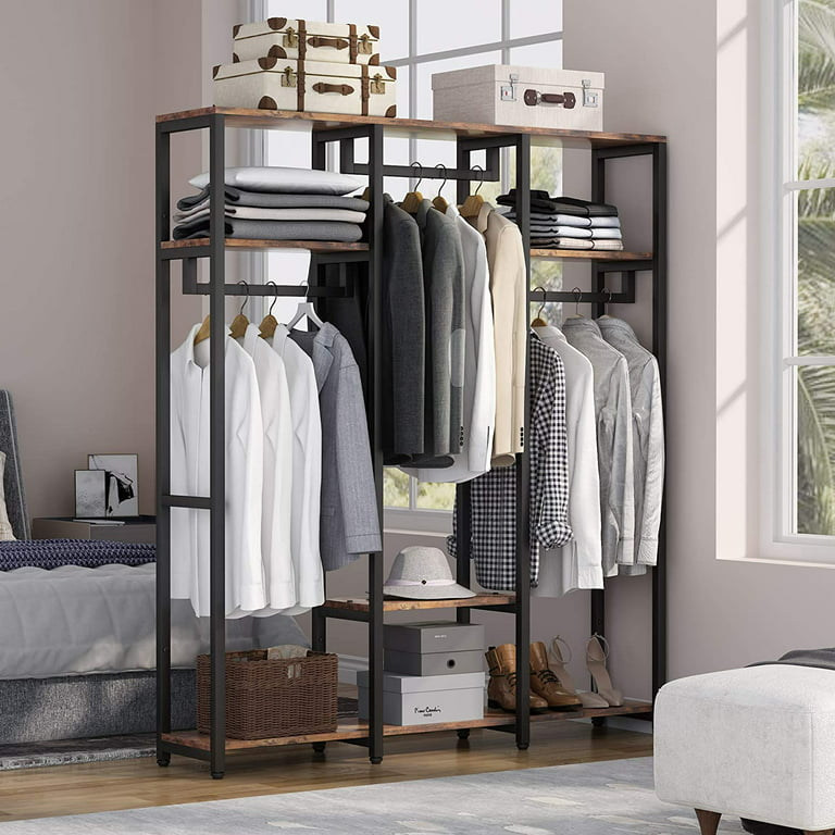 Free-Standing Closet Organizer with Hooks Garment Rack with Shelves and Hanging Rod - Rustic Brown