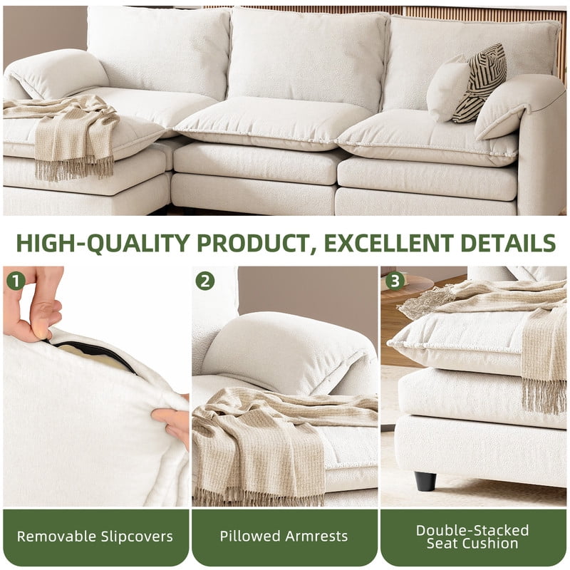 Uforic Sectional Sofa with Ottoman, 108" L Shape Modern 4 Seat Cloud Couch with Pillow-Armrest, Beige