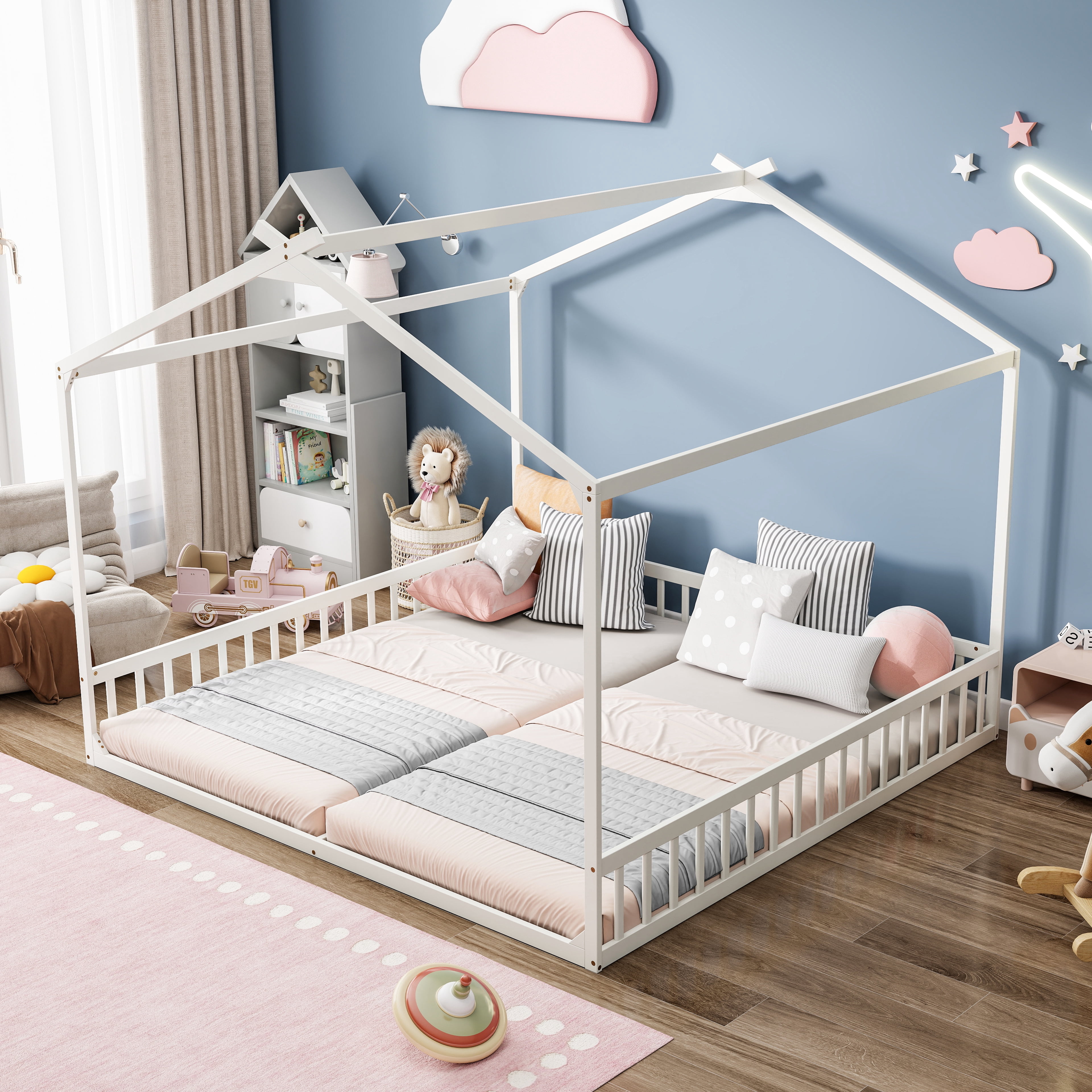 GARITIN Double Twin House Shaped Floor Bed 77.4 Inch, Kids Floor Bed with Safety Guardrails for Children Shared Bedroom, White