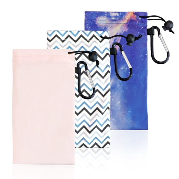 3 PCS Microfiber Cleaning Storage Glasses Pouch, Portable Sunglasses Case with Carabiner, Bonus 2 Anti Fog Wipes (Pink, Stripe, Star)