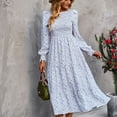 thumbnail image 2 of Vestido floral de cintura alta Vestido midi de fibra de poliéster con cuello redondo elástico de manga larga para citas Blanco M, 2 of 8