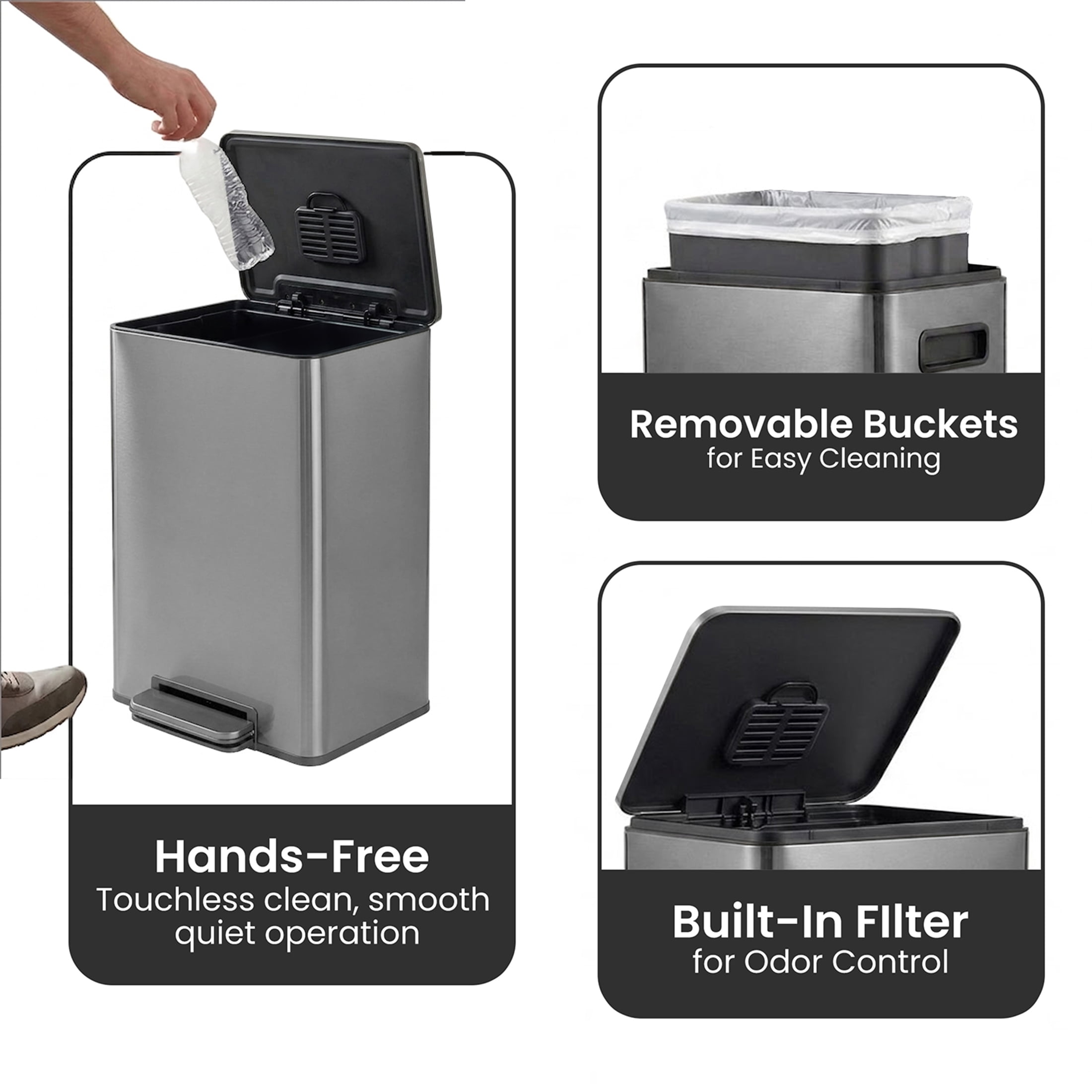 Simpli-Magic Kitchen Trash Can, 13.2 Gallon Stainless Steel Soft Close Step Garbage Bin with Infinity Edge Lid, Gunmetal