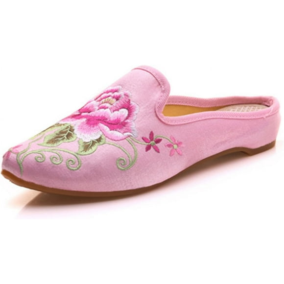 Qhome Women's Chinese Floral Peony Embroidery Pointed-Toe Comfortable Satin Casual Mules House Pumps Slippers Shoes