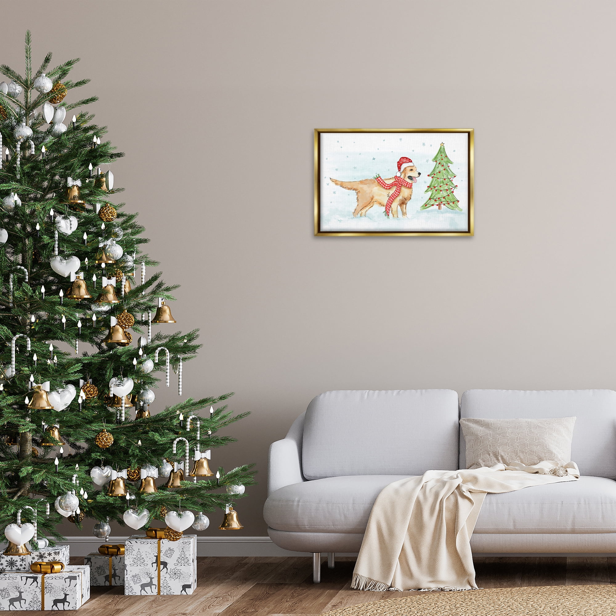 Stupell Industries Snowy Labrador Scene Holiday Painting Gold Floater Framed Canvas Art Prints Wall Art, 25 x 17