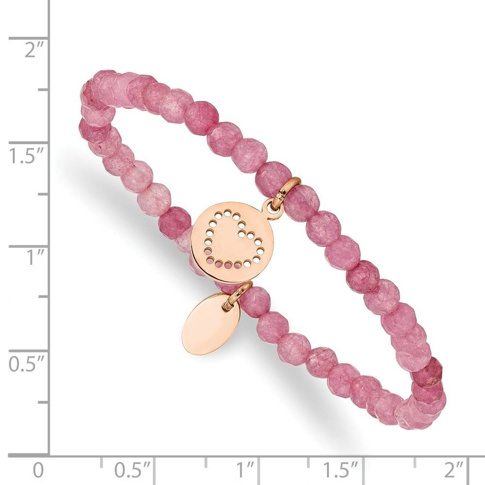 Diamond2Deal Stainless Steel Polished Rose IP-Plated Heart 4mm Pink Jade Beaded Stretch Bracelet for Women 6.5"