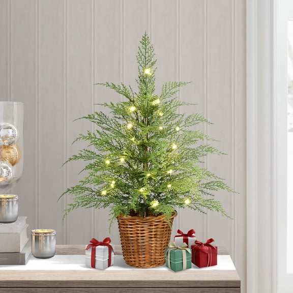 24" Pre-Lit Green Cypress Artificial Christmas Tree with 30 Warm White Twinkle LED Lights, Tabletop Holiday Decoration with Woven Basket Base