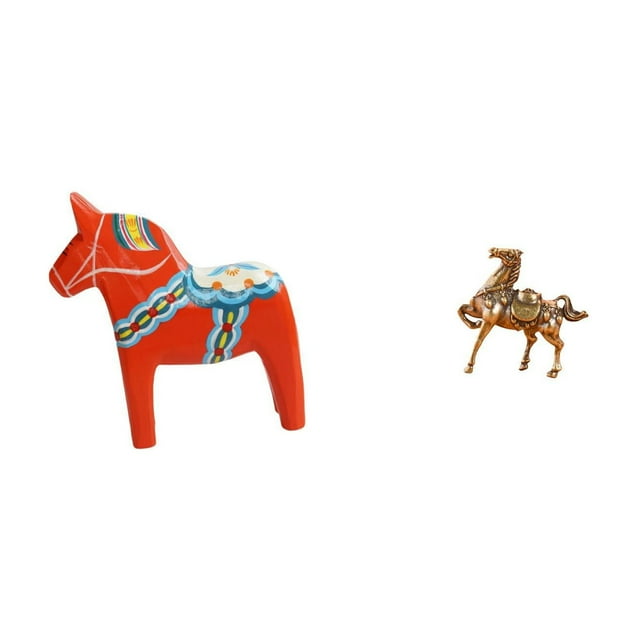 Figura sueca creativa de animal de escritorio, estatua de caballo tradicional de Dalecarlia, adorno de madera y latón hecho a mano con pintura artísti