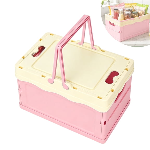 GIXUSIL 1 Pack Foldable Storage Box Pastel Pink Plastic Crates Multipurpose Collapsible Bins with lids Cute Organization Basket for Home Office Kitchen Picnic Camping 9.8×6.7 inch