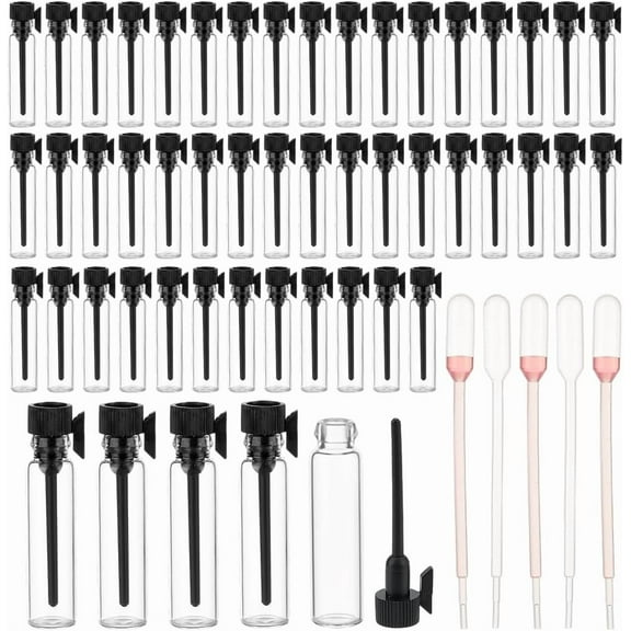 150Pcs 1ML Mini Empty Glass Perfume Essential Oils Glass Refillable Perfume Bottles with Black Plastic Cap Perfume Sample Bottles Mini Perfume Vials DIY