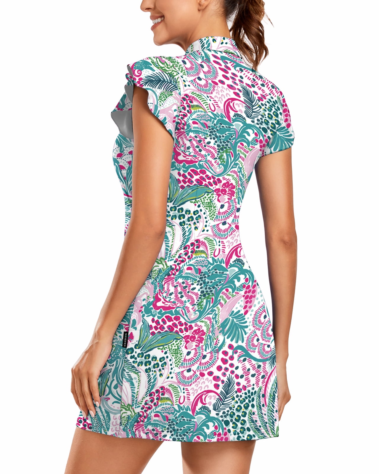 Women’s 1/4 Zip Tennis Dress Floral Ruffle Sleeve Golf Dress with Built-in Shorts and Pockets Athletic Outfit