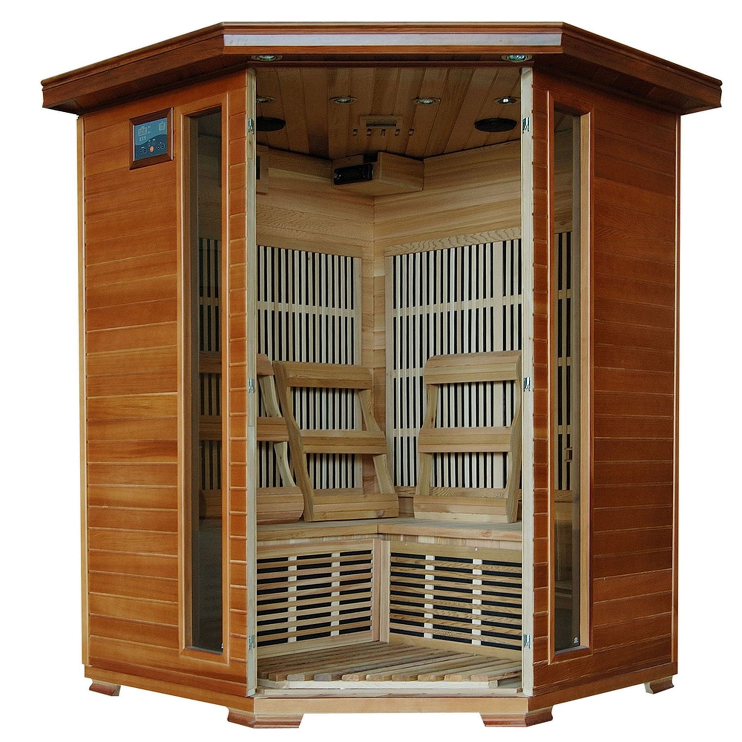 Sauna infrarouge de coin en thuya par Radiant Saunas pour 3 personnes à 7 éléments chauffants de carbone