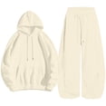 thumbnail image 6 of Women Two Piece Set Long Sleeve Loose Hooded Sweatshirt Solid Color Drawstring Elastic Waist Wide Leg Curved Pants Tracksuit Casual Daily Sports Outfit, 6 of 7