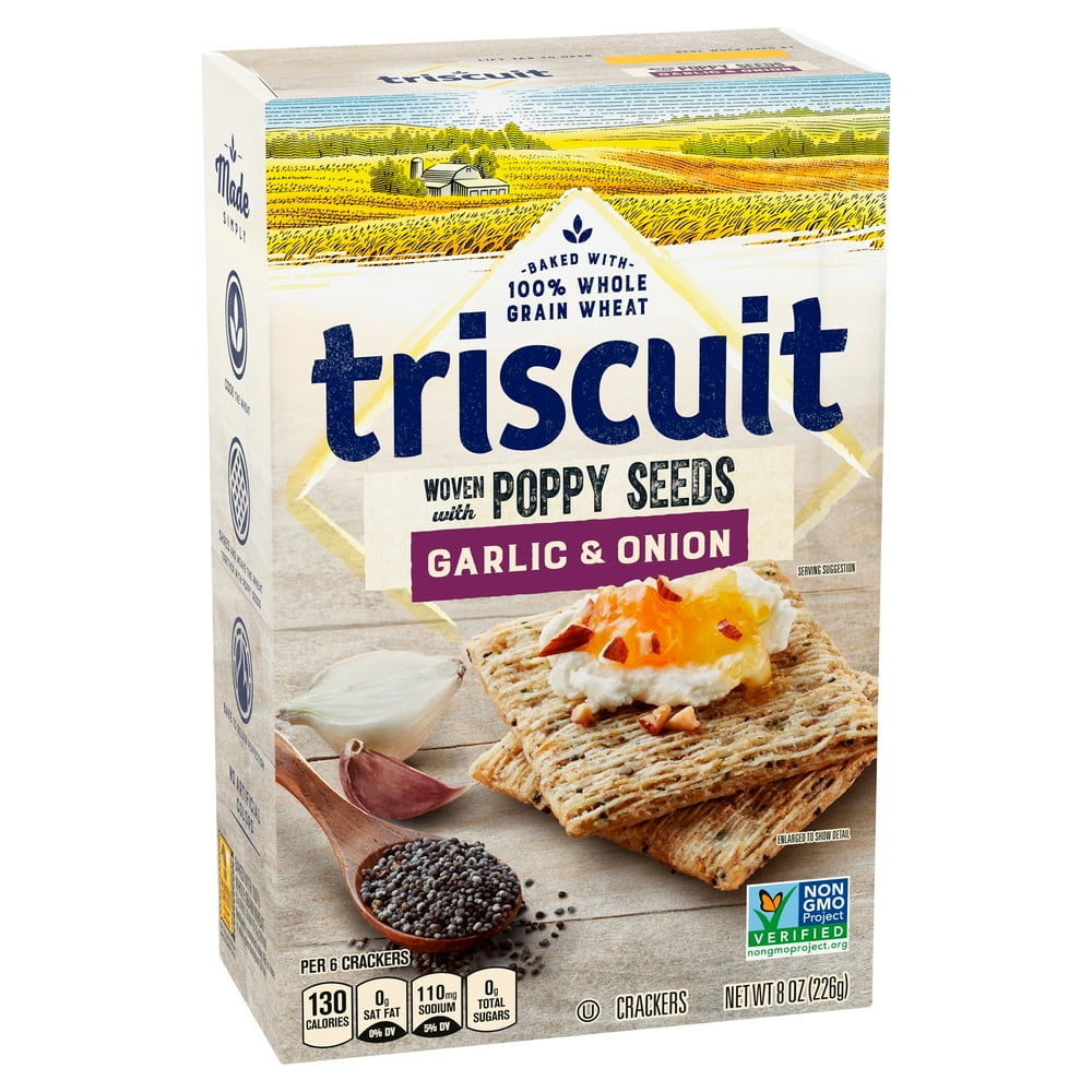 TRISCUIT Crackers, Garlic & Onion with Poppy Seeds Flavor, 1 Box (8 oz)