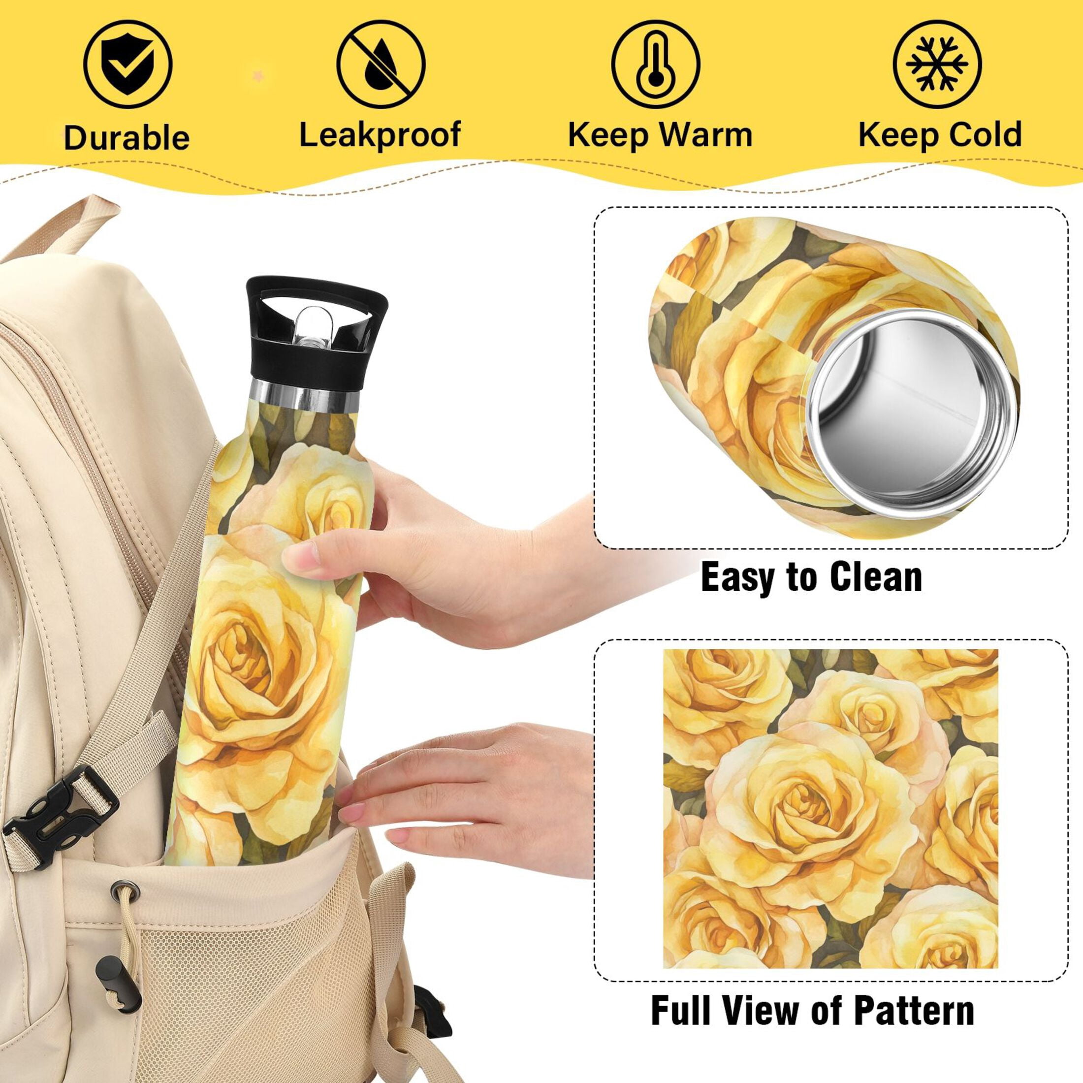 600ML Stainless Steel Insulated Cup Sports Water Bottle Portable Thermos Cup Water Glasses Insulated Tumblers Convenient and Durable Gold Roses Seamless