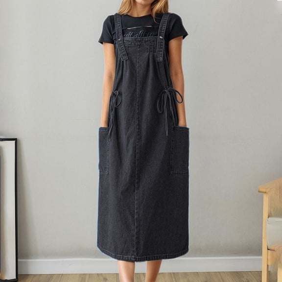 Dresses for Women Loose Denim Jumper Dress Long Baggy Tank Dress with Adjustable Strap Color Grey Size XXXL