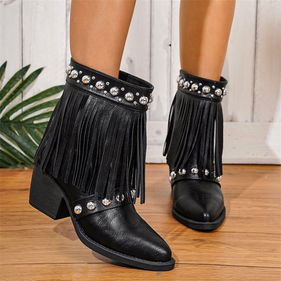 Willtoo Women's Tassel Cowboy Cowgirl Boots with Studded Dress Ankle Booties Fringe Chunky Heel Western Boots Black