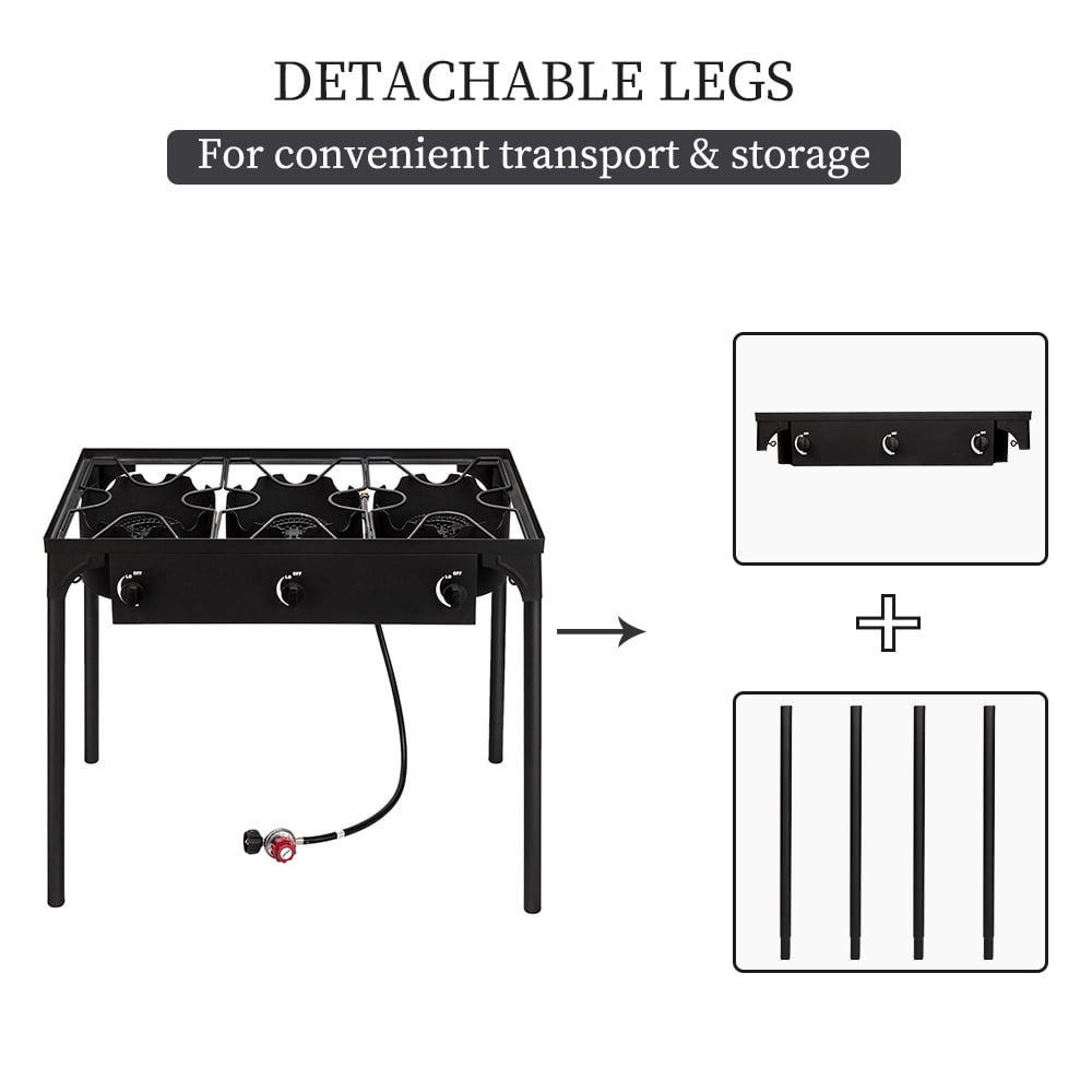 Demi Bonn 34" Outdoor Triple Burner Gas Stove with Portable Iron Construction, High Pressure Propane, Cooking Burner for Camping, Black