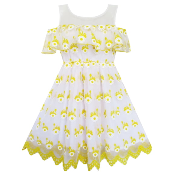Girls Dress Sleeveless Lace Trim With Flower Detailing Yellow 4