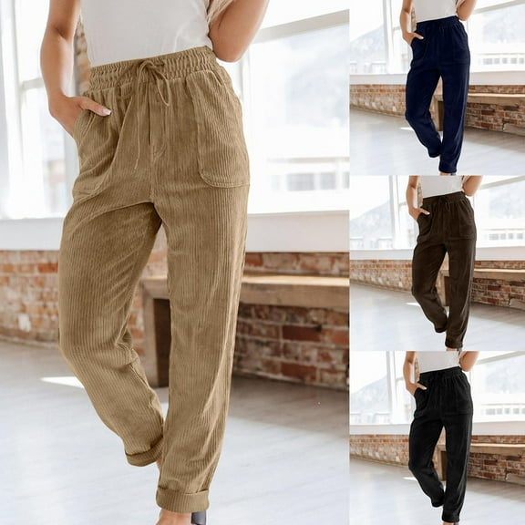 BXINGOHAI Corduroy Pants for Women Casual Drawstring Elastic High Waist Straight Leg Pants Loose Comfy Trousers with Pockets Brown L