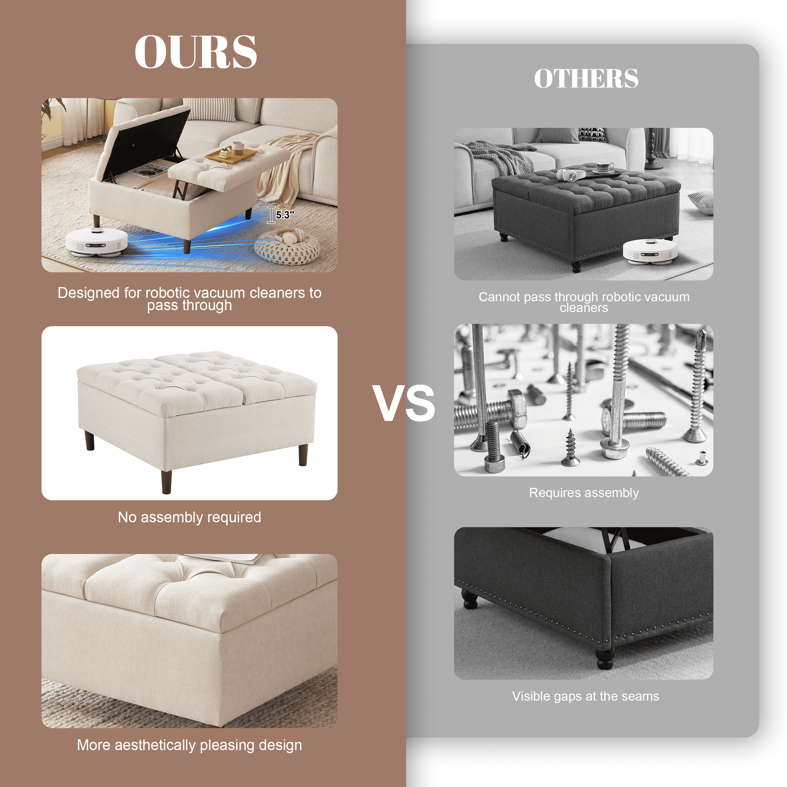 WETURE 35" Tufted Ottoman Coffee Table with Storage, Beige