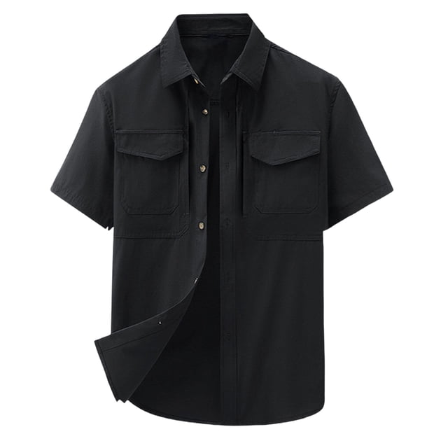 Blusa y camisa de manga corta con cuello vuelto para hombre, de verano, a la moda, informal, con solapa, color liso, con botones y bolsillo.