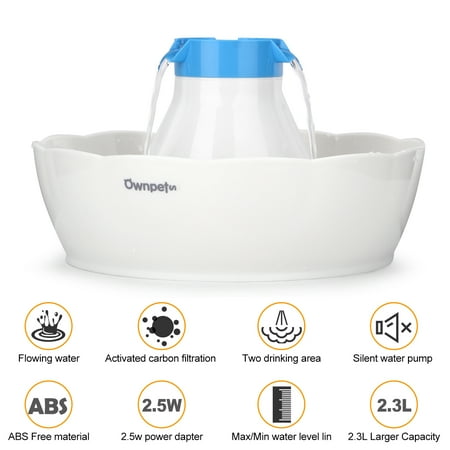 Ownpets 2.3L Pet Fountain Auto Water Dispenser with 2 Drinking Area, 2 Replacement Filters for Dogs Cats