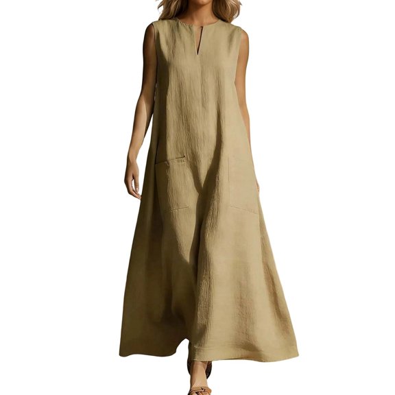 Maxi Dresses for Women Solid Color Sleeveless Split Neck Loose Fit Elegant Casual Summer Dress Breathable Khaki L