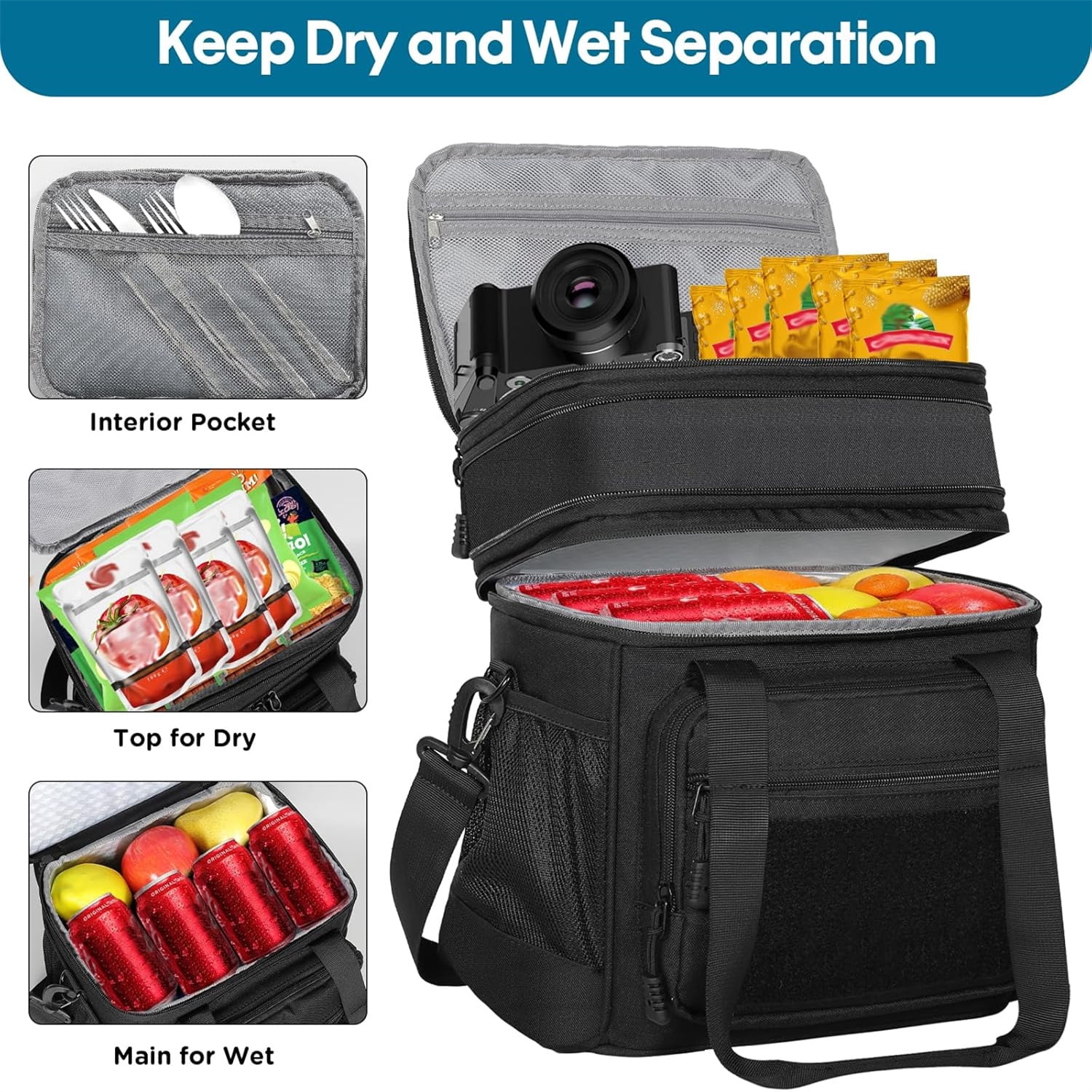 Double Deck Insulated Lunch Box, Expandable XLarge Lunch Bag Leakproof Cooler Bag Lunch Pail for Men Women Adults Work Shifts Travel Daytrip,22L,Black