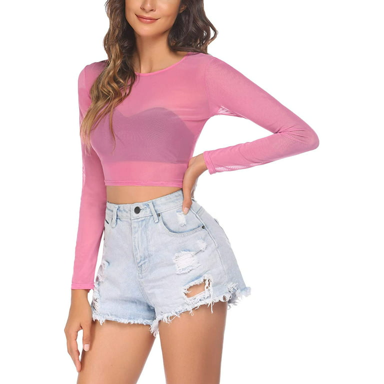 Women Mesh Crop Top Long Sleeve See Through Shirt Sheer Blouse S 4XL Long  Sleeve-rose Pink Large 