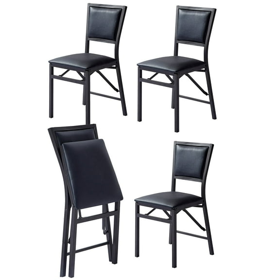 VECELO Set of 4 Metal Folding Chairs, High Back PU Upholstered Dining Chairs with Metal Frame, Modern Style Folding Chairs for Kitchen, Dining Room, Space Saving Design, Black