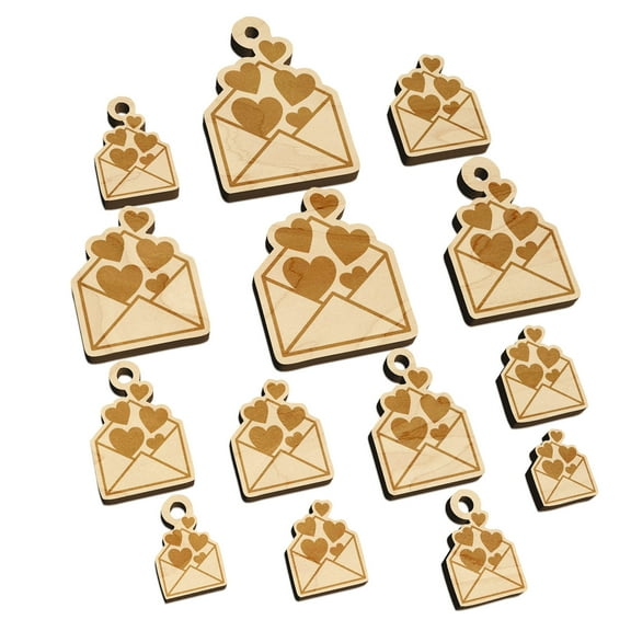 Envelope Full of Hearts Love Valentine's Day Wood Mini Charms Shapes DIY Craft Jewelry - With Hole - Various Sizes (16pcs)