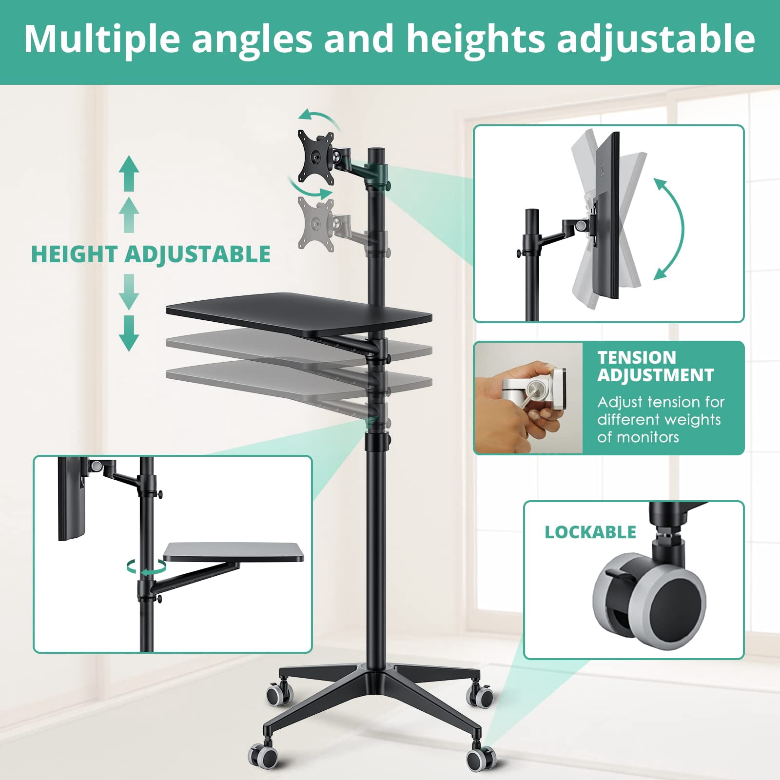 Mobile Desk Workstation Mulitiuse Rolling Laptop Floor Stand 34"-48.6" Height Adjustable Compatible With 17"-27" Monitor&12"-17" 21"*14" Maxload 17.6lbs 4 Lockable Wheels B