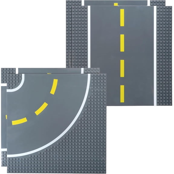 Road Baseplates - Compatible with Lego Building Sets - Stackable City Block Layouts - Race Track & Road Plates - 10 in x 10 in, 2 Straight & 2 Curved, Pack of 4