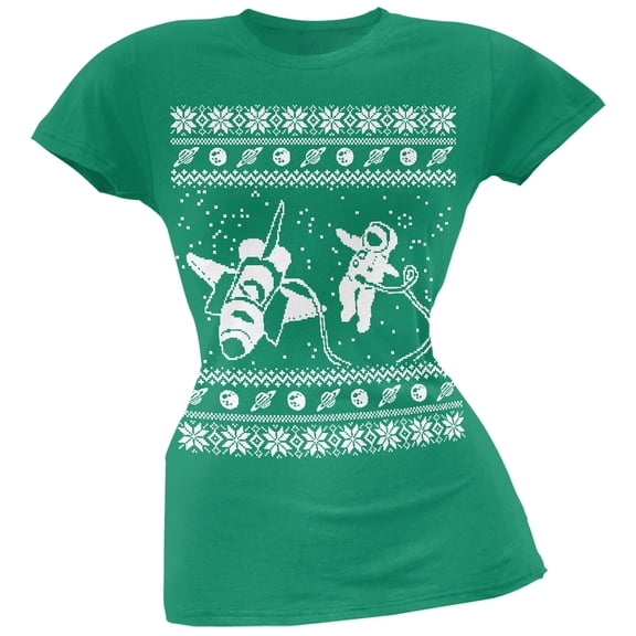 Astronaut in Space Ugly Christmas Sweater Green Soft Juniors T-Shirt - X-Large