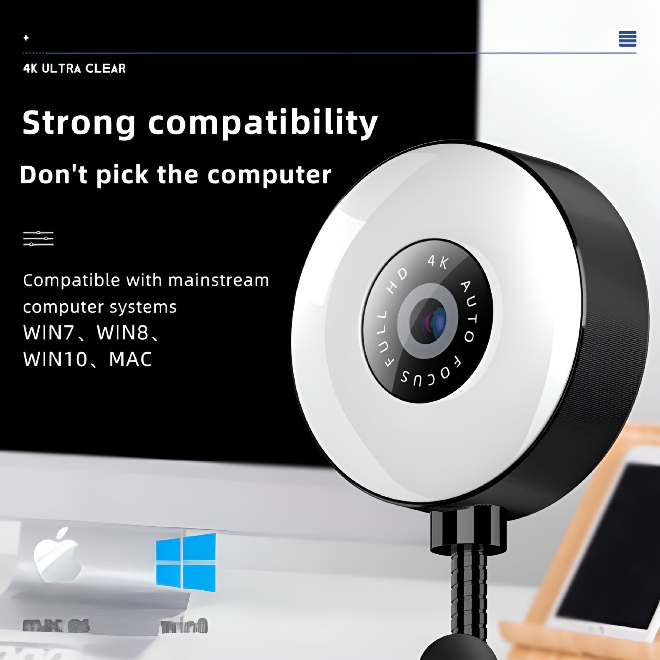 GJX 2K Webcam with Bendable Stand, Auto Focus Webcam with Microphone, 3-Level Brightness, Plug and Play USB Computer Camera, Streaming Web Camera for Laptop PC/Video Call/Zoom/Skype