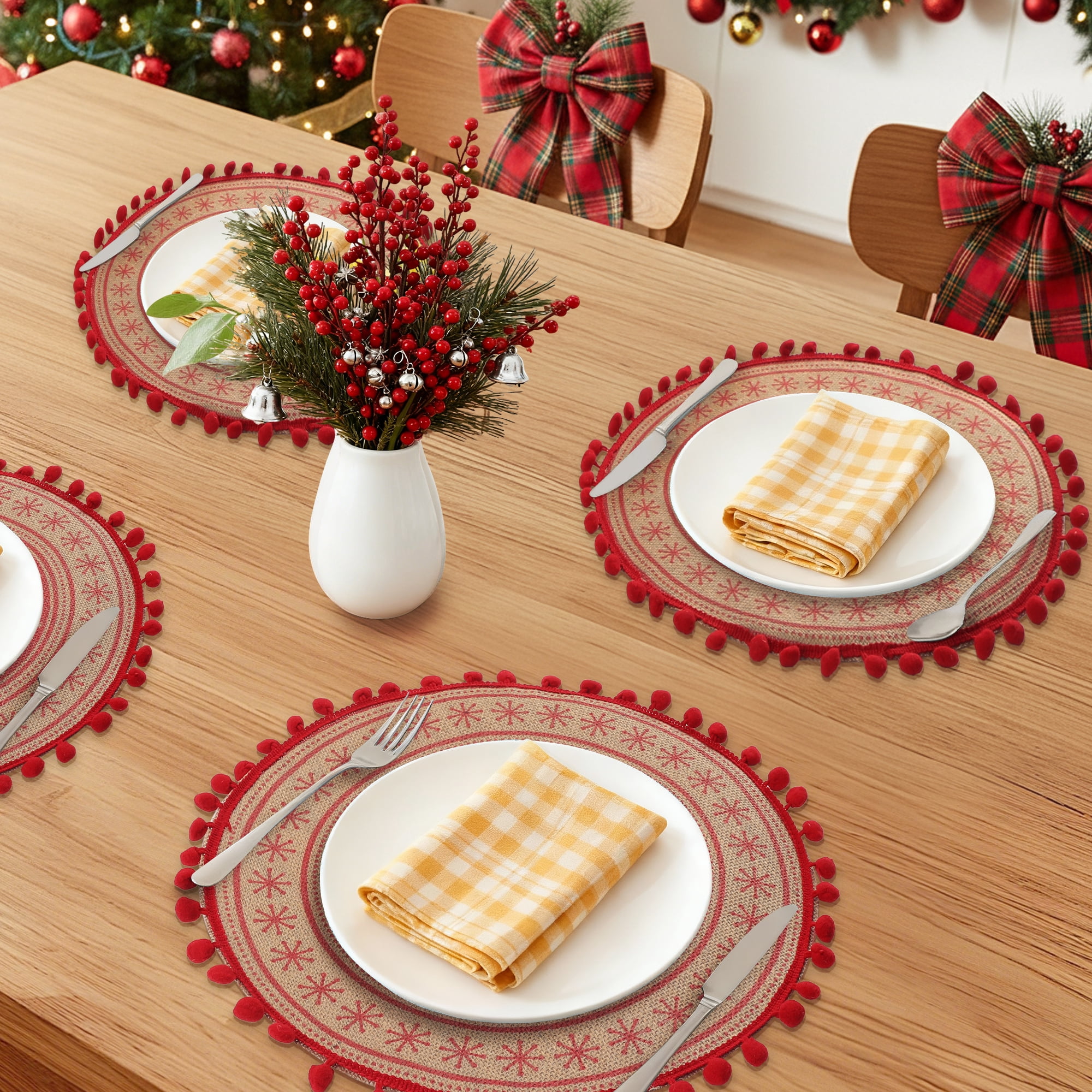 Unique Bargains Set of 6 Round Farmhouse Placemats for Dining Table Decor Red