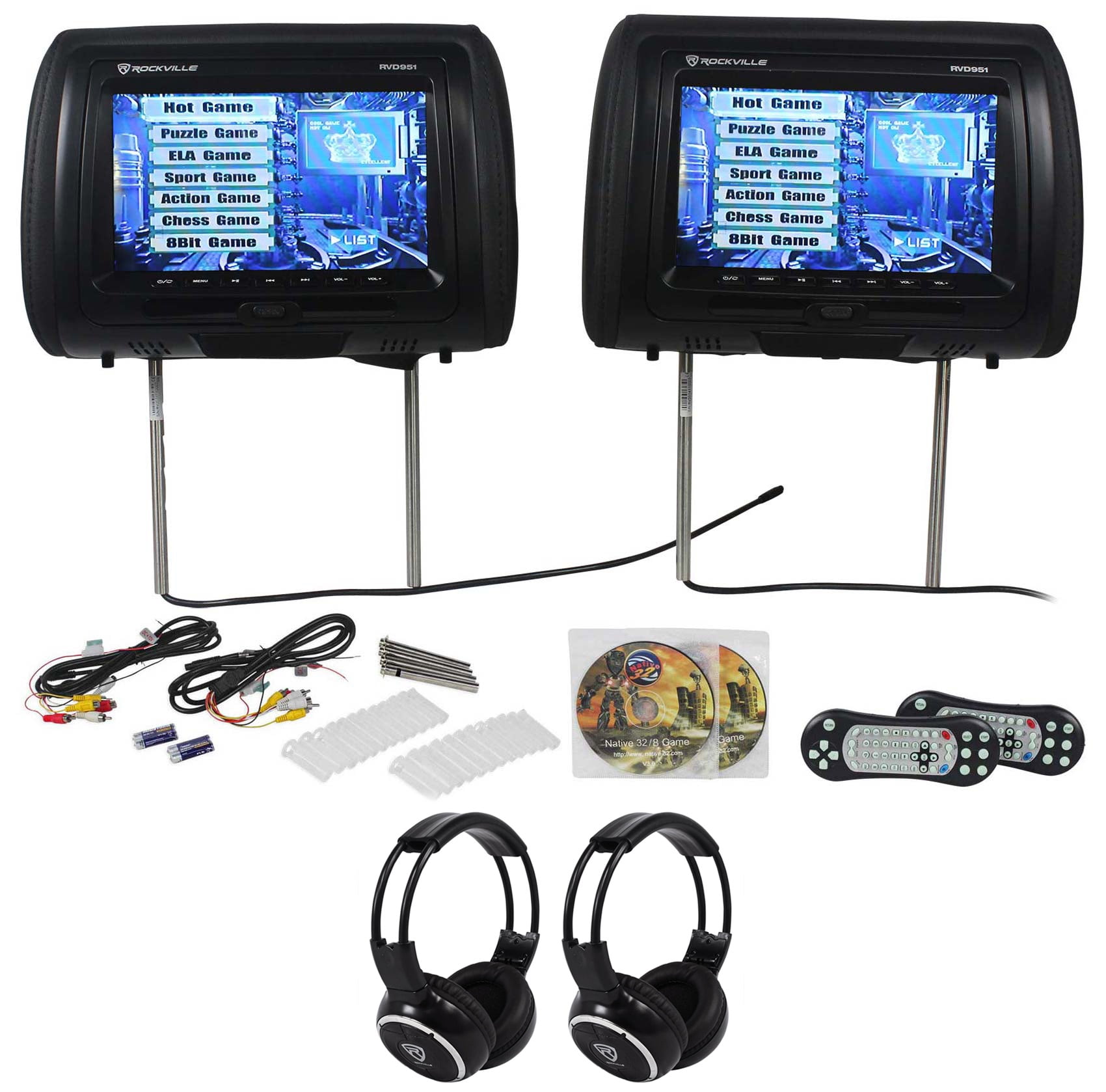 Rockville RVD951BK 9” Black Dual DVD/HDMI Car Headrest Monitors+2 Headphones