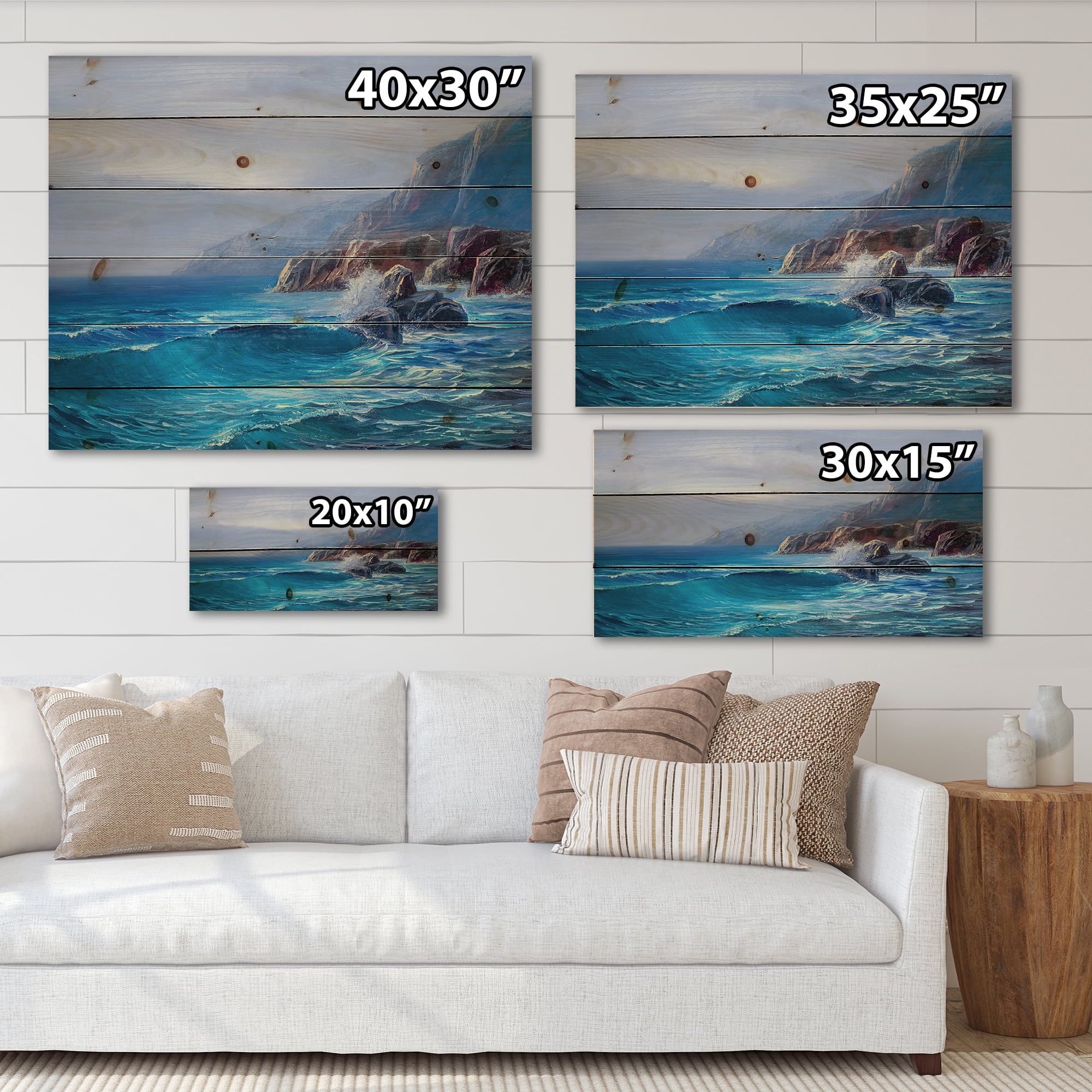 Designart 'Sunrise Glow On Sea Wave Paints On A Canvas' Nautical & Coastal Print on Natural Pine Wood
